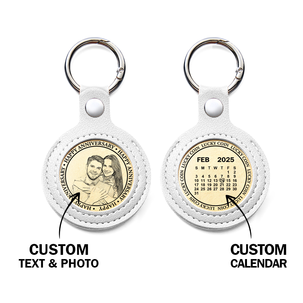 Personalized Calendar Lucky Charm Gold Coin Keychain with Custom Photo & Date | Engraved Titanium Steel Coin in PU Leather Case | Anniversary, Birthday, Christmas Gift for Couples - Get Photo Blanket