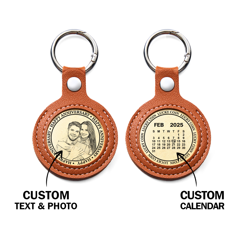 Personalized Calendar Lucky Charm Gold Coin Keychain with Custom Photo & Date | Engraved Titanium Steel Coin in PU Leather Case | Anniversary, Birthday, Christmas Gift for Couples