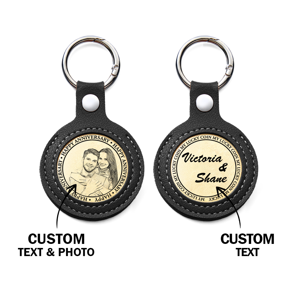 Personalized Calendar Lucky Charm Gold Coin Keychain with Custom Photo & Date | Engraved Titanium Steel Coin in PU Leather Case | Anniversary, Birthday, Christmas Gift for Couples - Get Photo Blanket