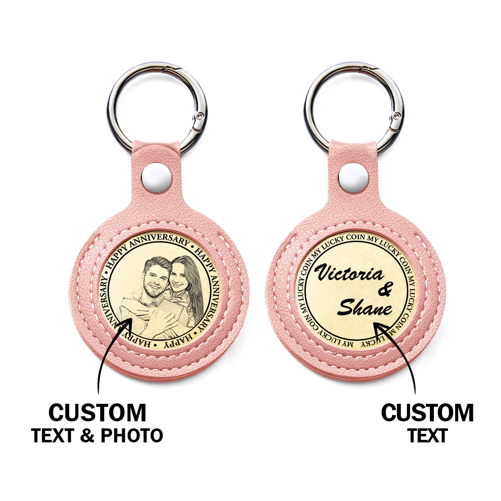 Personalized Calendar Lucky Charm Gold Coin Keychain with Custom Photo & Date | Engraved Titanium Steel Coin in PU Leather Case | Anniversary, Birthday, Christmas Gift for Couples - Get Photo Blanket