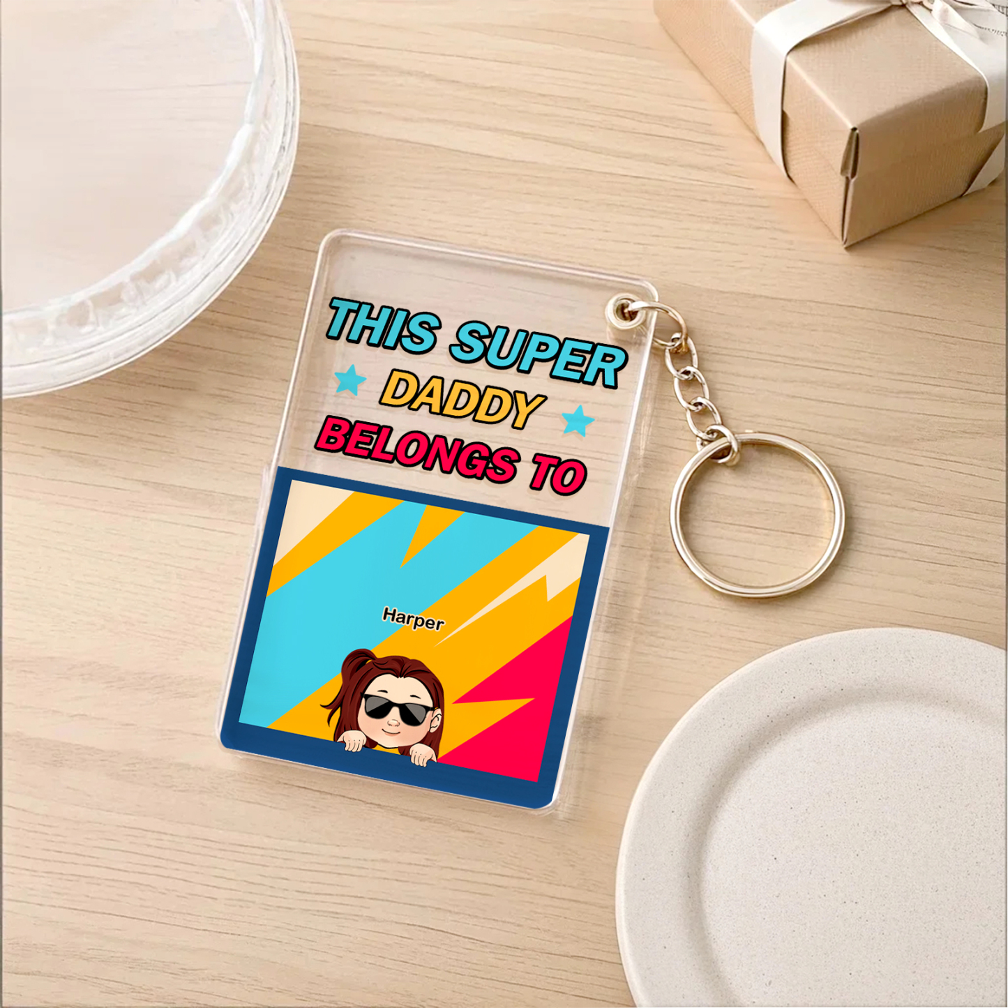 Personalized Father's Day Super Daddy Acrylic Keychain with Names Gifts for Dad