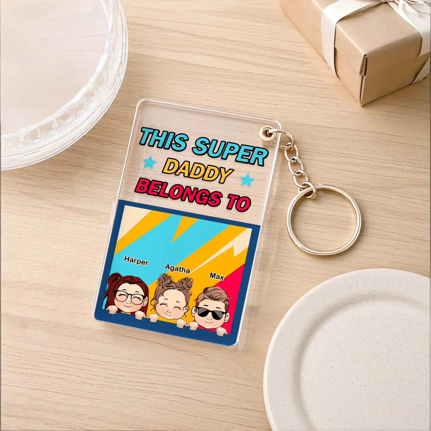 Personalized Father's Day Super Daddy Acrylic Keychain with Names Gifts for Dad
