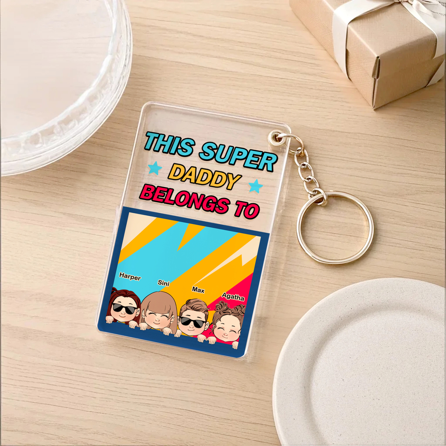 Personalized Father's Day Super Daddy Acrylic Keychain with Names Gifts for Dad