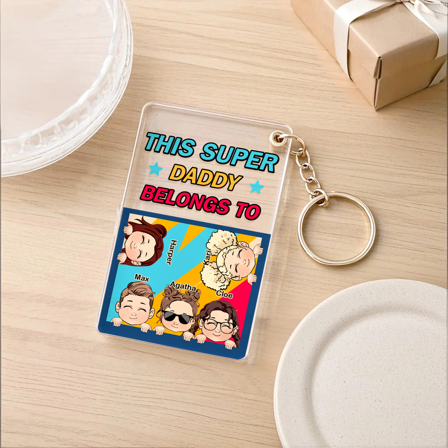 Personalized Father's Day Super Daddy Acrylic Keychain with Names Gifts for Dad
