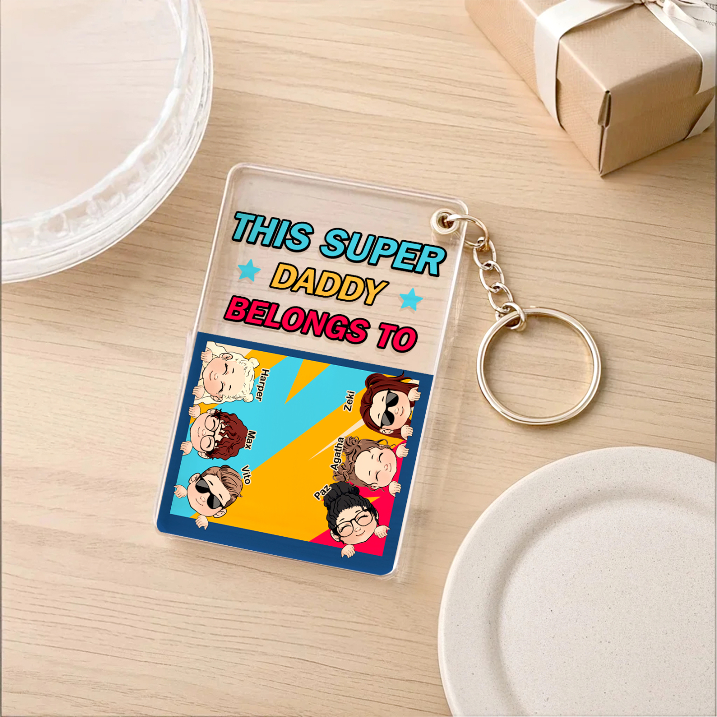 Personalized Father's Day Super Daddy Acrylic Keychain with Names Gifts for Dad