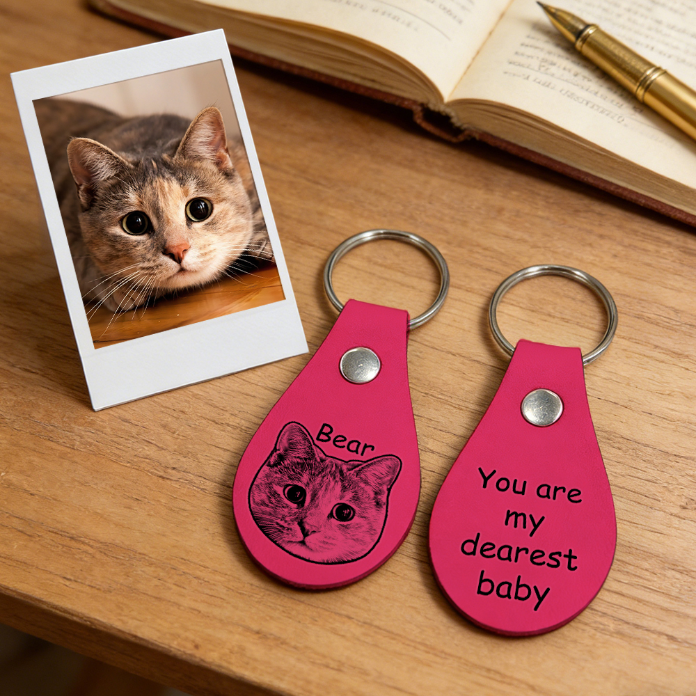 Engraved Pet Portrait Keyring: Custom Faux Leather Dog Dad Dog Mum Gift - Get Photo Blanket