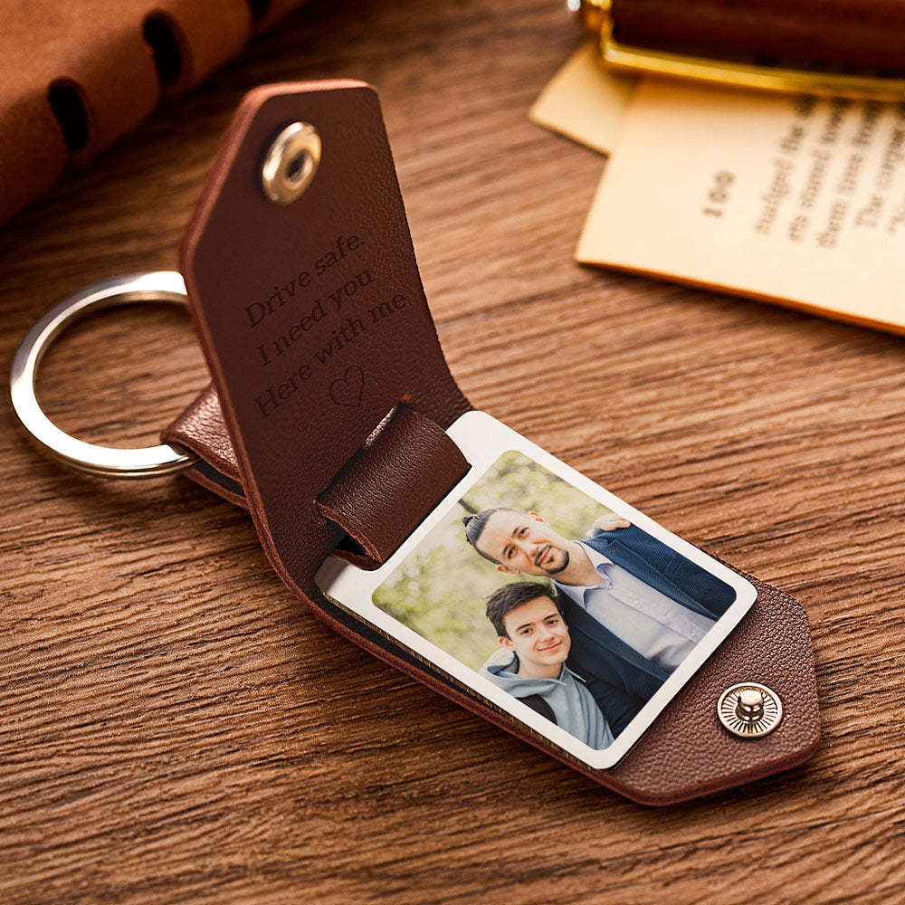 Gifts for Dad Custom Leather Photo Text Keychain Drive Safe for Father's Day