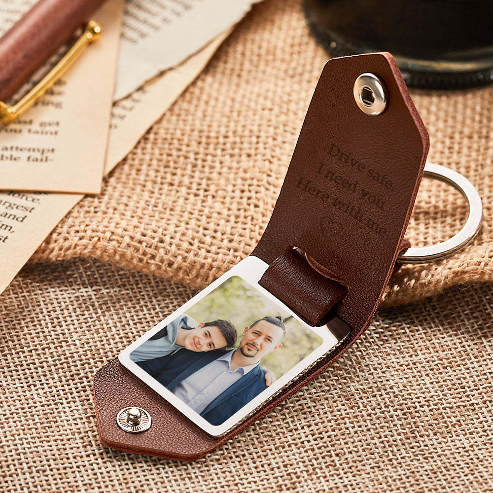 Gifts for Dad Custom Leather Photo Text Keychain Drive Safe for Father's Day
