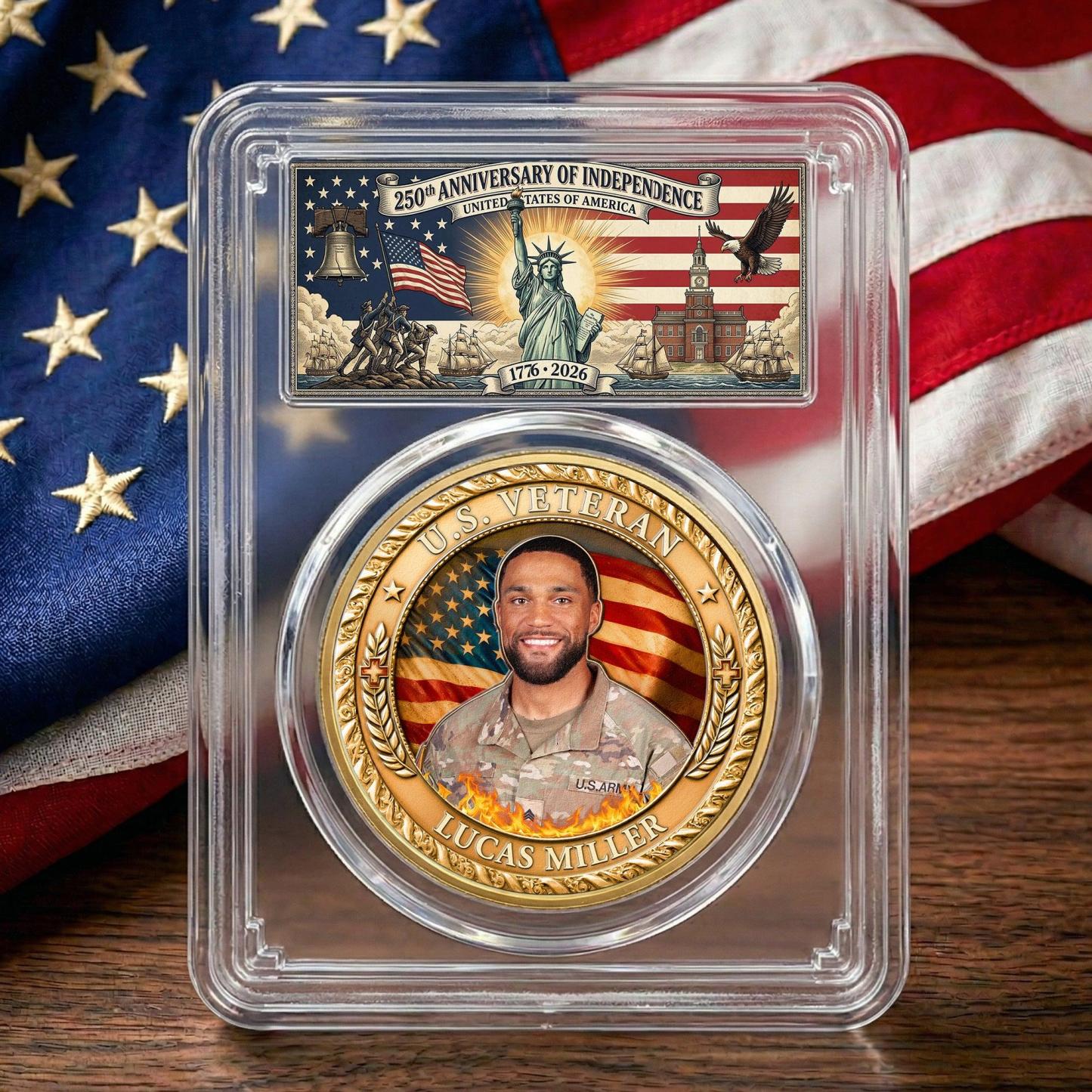 Personalized Coin US Veteran 250 Years of Freedom Custom Photo Semiquincentennial Challenge Coin Military Patriotic Gift For Veteran Dad Hubby
