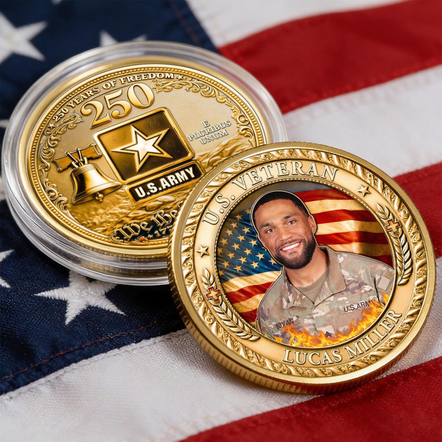 Personalized Coin US Veteran 250 Years of Freedom Custom Photo Semiquincentennial Challenge Coin Military Patriotic Gift For Veteran Dad Hubby