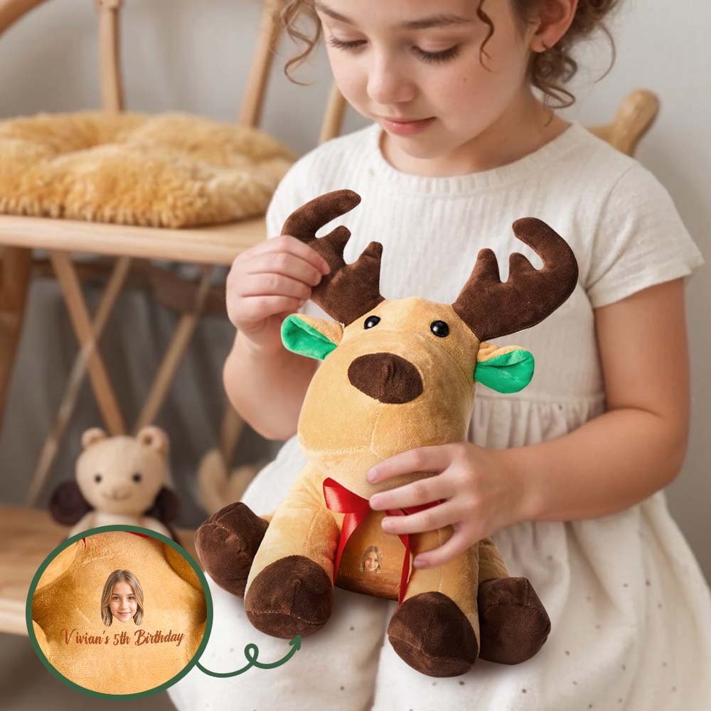Personalized Moose Plush Stuffed Toy with Custom Text and Face Gift for Kids - Get Photo Blanket