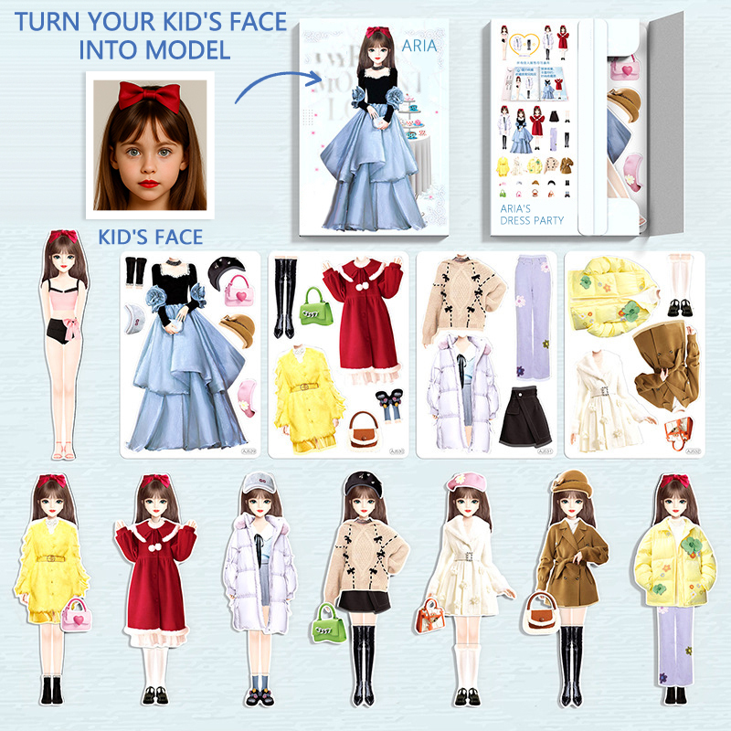 Custom Cartoon AI-Stylized 3D Kid's Future Princess Face, Personalized Magnetic Dress-Up Party Toy Set, Unique Gift for Girls to Inspire Creativity