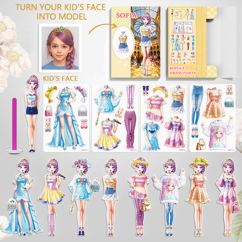 Custom Cartoon AI-Stylized 3D Kid's Future Princess Face, Personalized Magnetic Dress-Up Party Toy Set, Unique Gift for Girls to Inspire Creativity