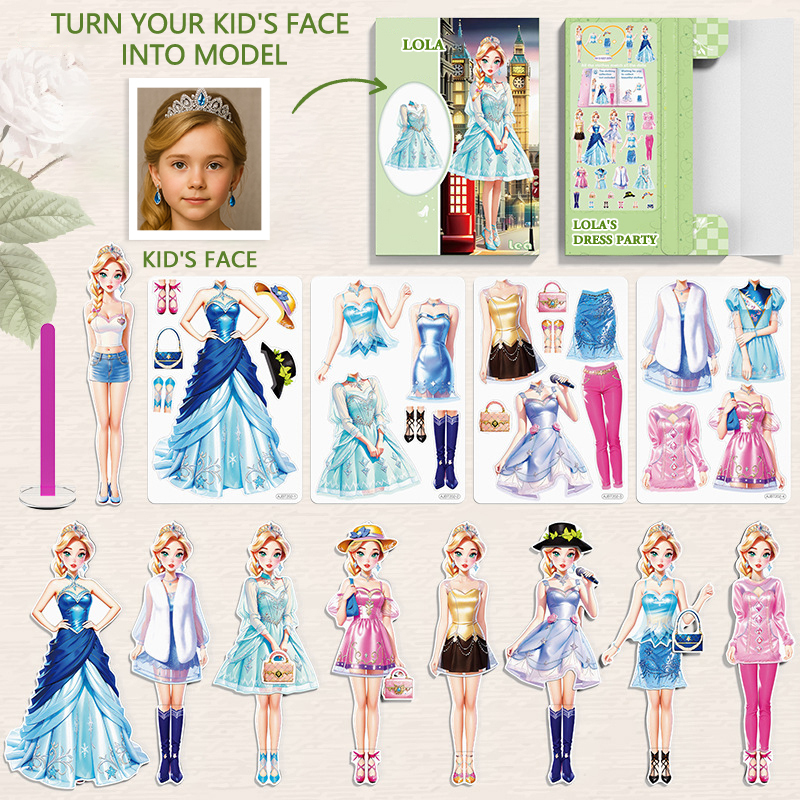 Custom Cartoon AI-Stylized 3D Kid's Future Princess Face, Personalized Magnetic Dress-Up Party Toy Set, Unique Gift for Girls to Inspire Creativity