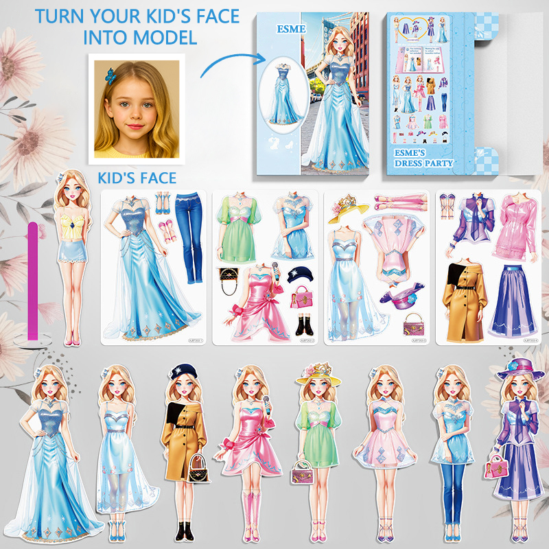 Custom Cartoon AI-Stylized 3D Kid's Future Princess Face, Personalized Magnetic Dress-Up Party Toy Set, Unique Gift for Girls to Inspire Creativity