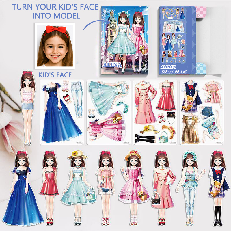 Custom Cartoon AI-Stylized 3D Kid's Future Princess Face, Personalized Magnetic Dress-Up Party Toy Set, Unique Gift for Girls to Inspire Creativity