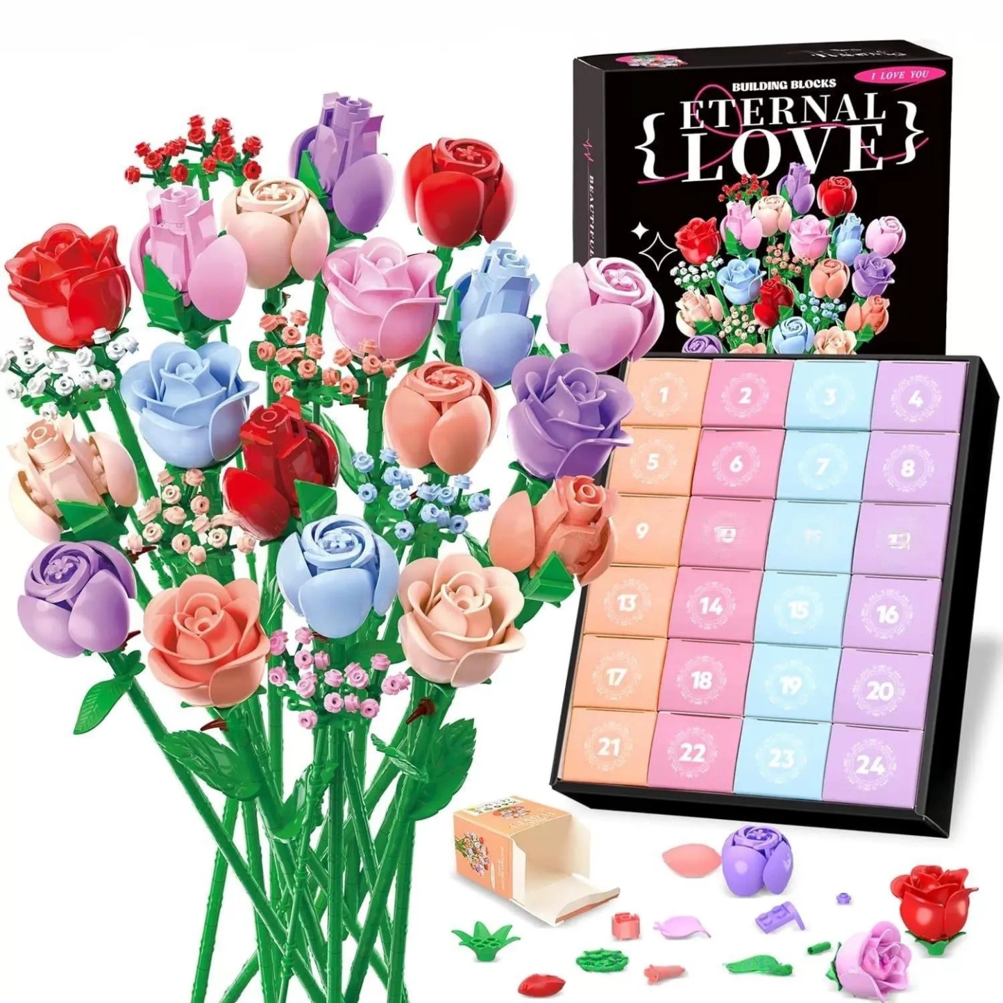 24 Days of Christmas Flower Bouquet Advent Calendar Building Blocks Christmas Countdown Blind Box - Get Photo Blanket