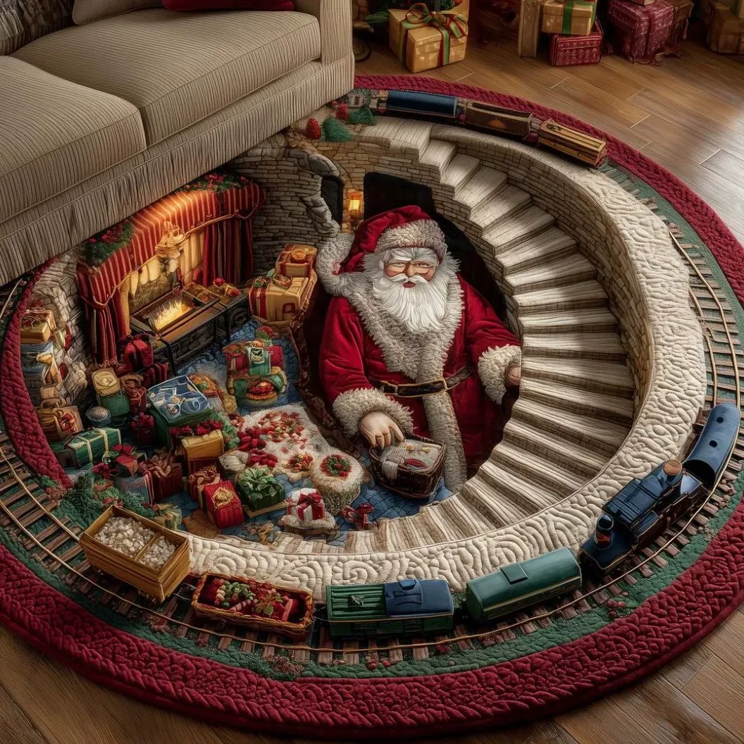 3D-Effect Santa Claus Christmas Rug - Round Christmas Area Rug with Santa's Workshop, Toy Train & Festive Holiday Decor