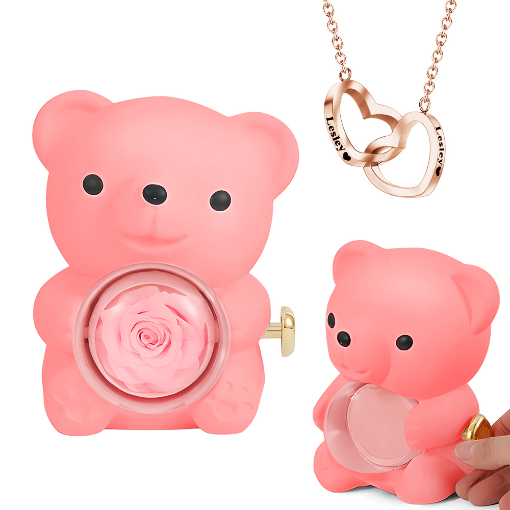 Engraved Heart Necklace with Real Rose Bear Giftbox Rose Shaped Necklace Gift Box Jewellery Gift Box - Get Photo Blanket