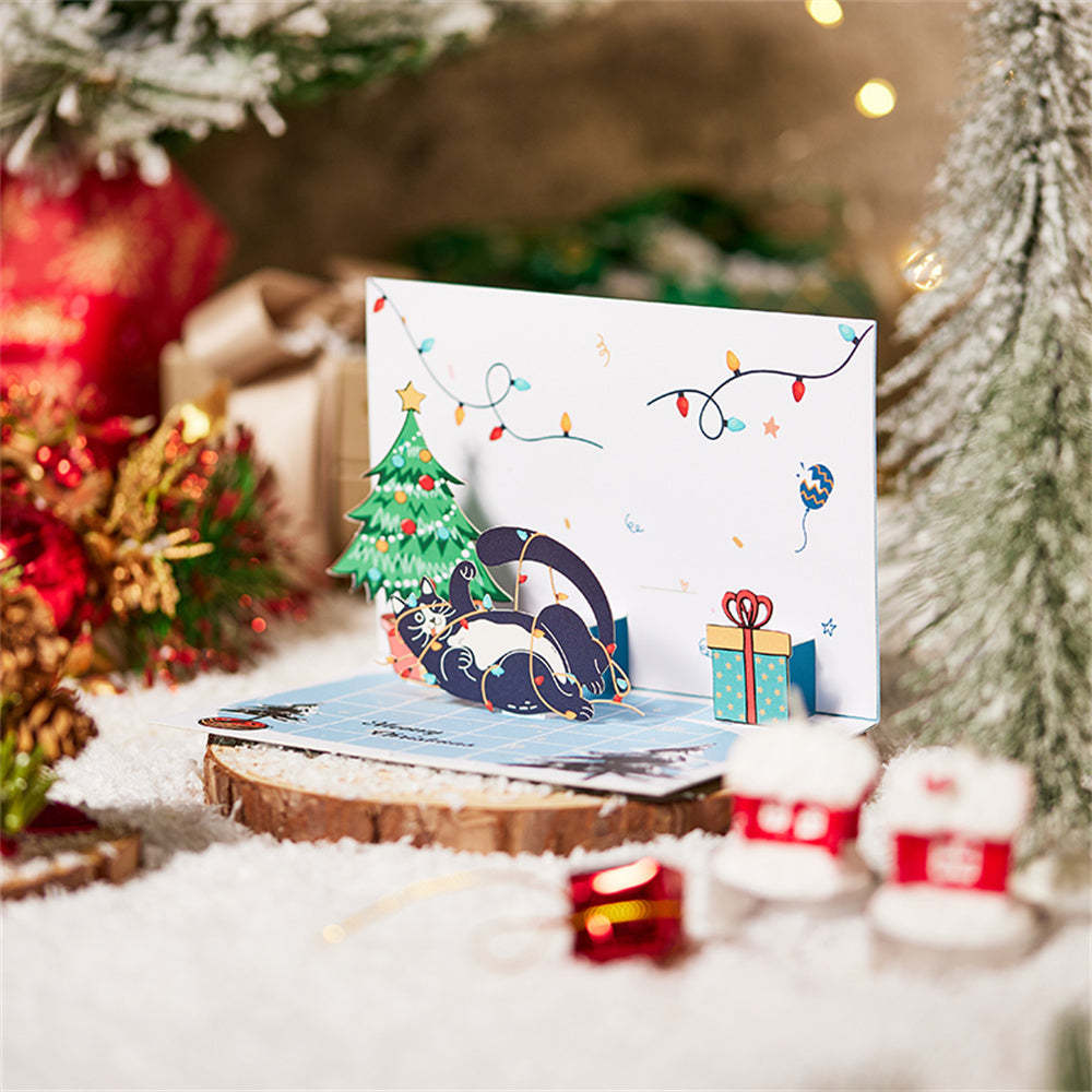 Christmas 3D Pop Up Card Christmas Cat Greeting Card - Get Photo Blanket