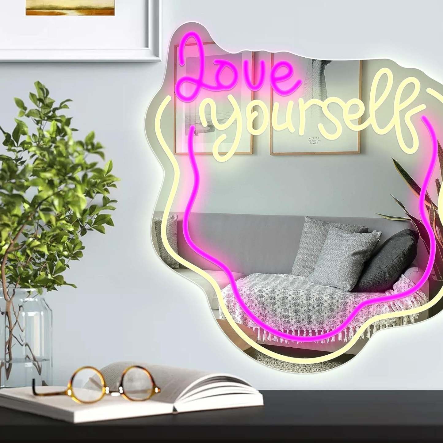 Love Yourself Mirror Light for Wall Wavy Neon Mirror LED Dimmable Light Gift for Her - photomoonlamp