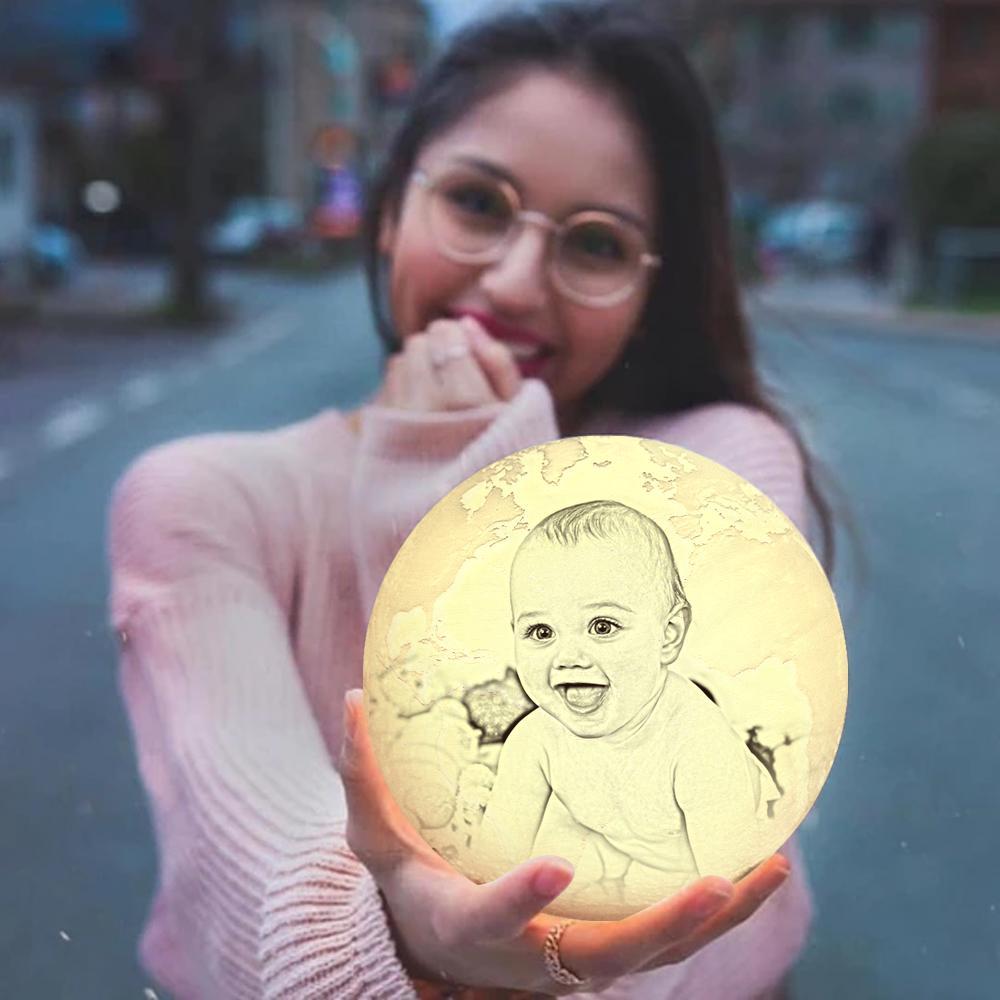 Magic Lunar Customized Earth Lamp With Text, Engraved Photo Lamp For Baby - Touch Two Colors (10-15cm)