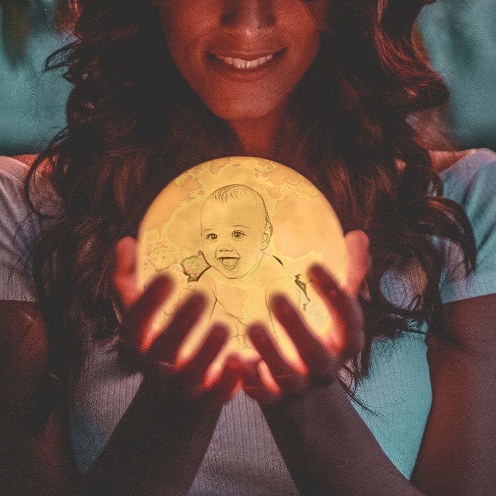 Magic Lunar Customized Earth Lamp With Text, Engraved Photo Lamp For Baby - Touch Two Colors (10-15cm) - Get Photo Blanket