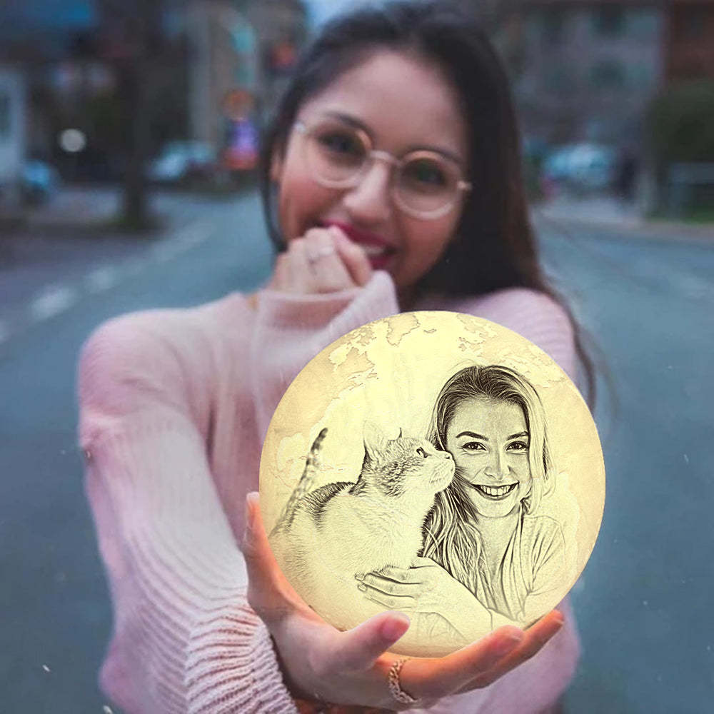 Magic Lunar Customized Pet Earth Lamp With Text, Engraved Lovely Cat Photo Lamp - Touch Two Colors (10-15cm) - Get Photo Blanket