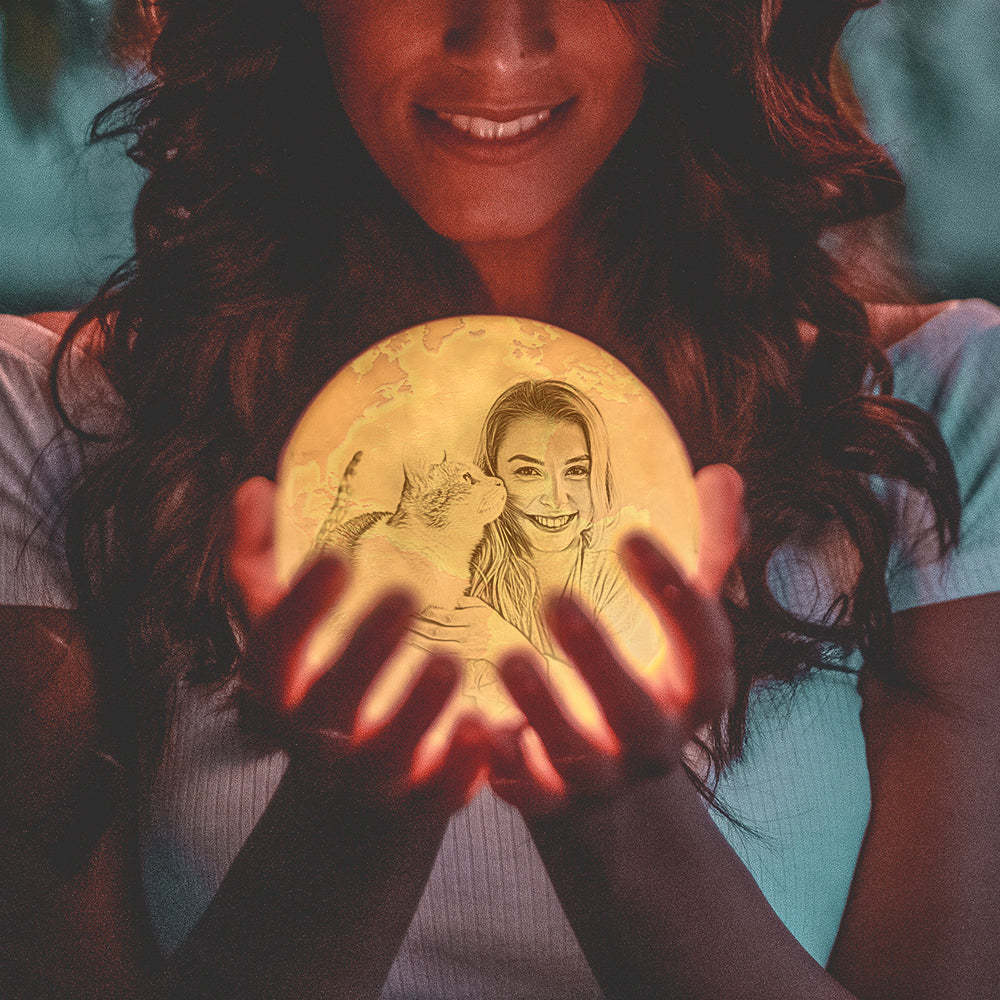 Magic Lunar Customized Pet Earth Lamp With Text, Engraved Lovely Cat Photo Lamp - Touch Two Colors (10-15cm) - Get Photo Blanket