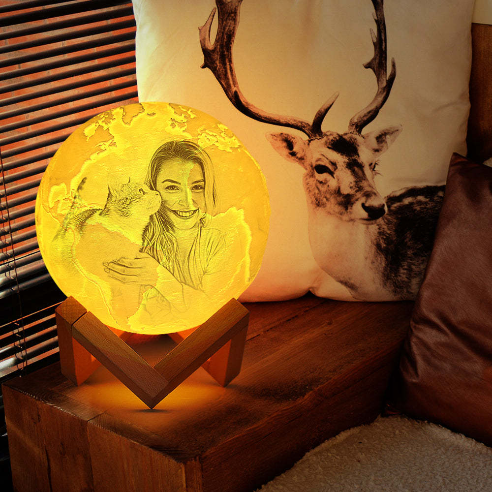 Magic Lunar Customized Pet Earth Lamp With Text, Engraved Lovely Cat Photo Lamp - Touch Two Colors (10-15cm) - Get Photo Blanket