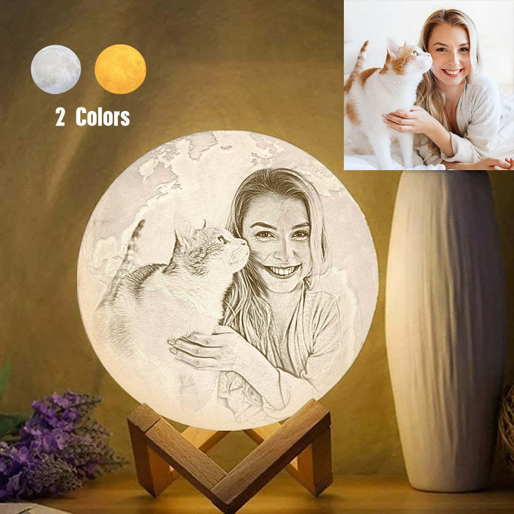 Magic Lunar Customized Pet Earth Lamp With Text, Engraved Lovely Cat Photo Lamp - Touch Two Colors (10-15cm) - Get Photo Blanket