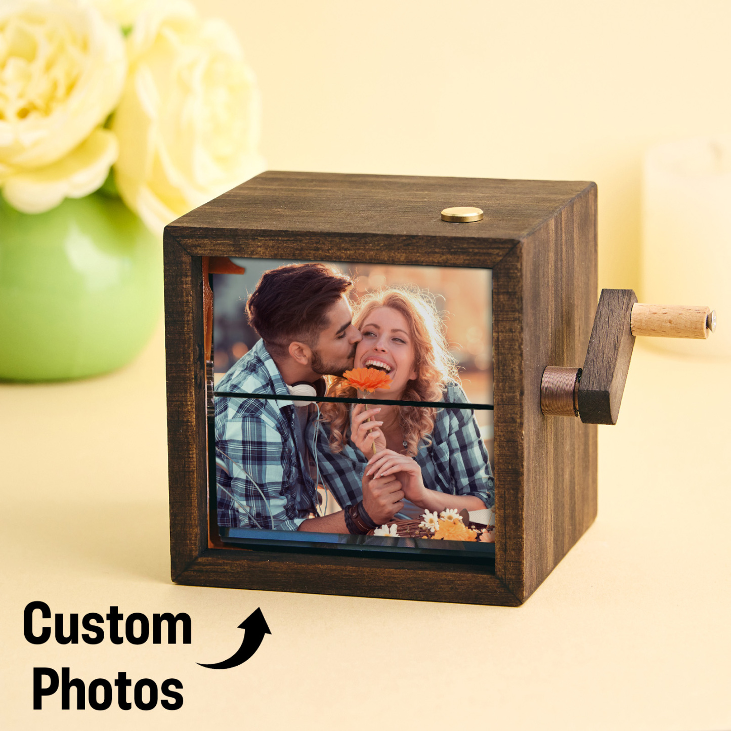 Custom Flip Book Frame Animation Machine Mechanical Hand-cranked Photo Album with Light Black Walnut Baby Photo Cube Frame Creative Gift