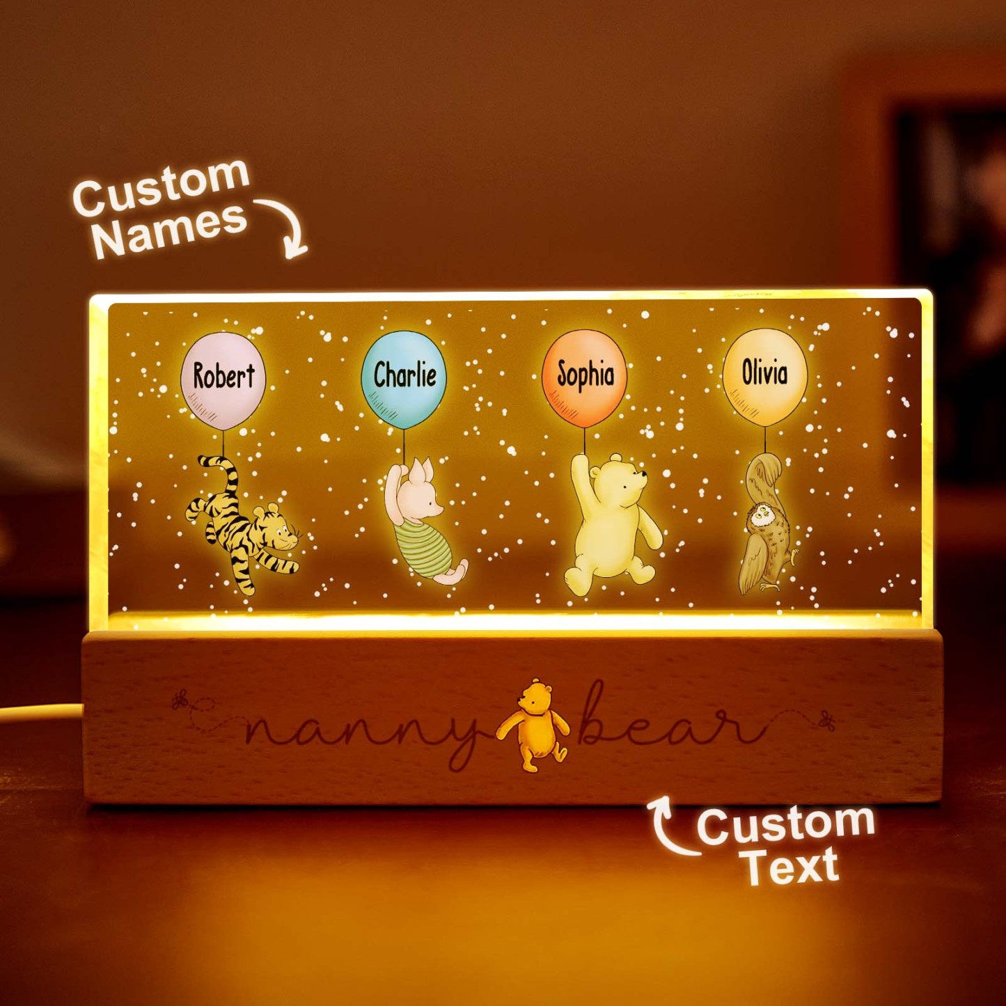 Grandma‘s Grandkids Cute Characters With Balloons Personalized Acrylic Block LED Night Light