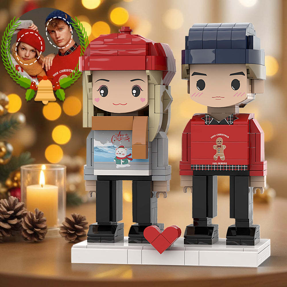 Custom Head Cute Brick Figures Interlocking Plastic Toy Cute Christmas Matching Sweater Christmas Gift For Couples - Get Photo Blanket