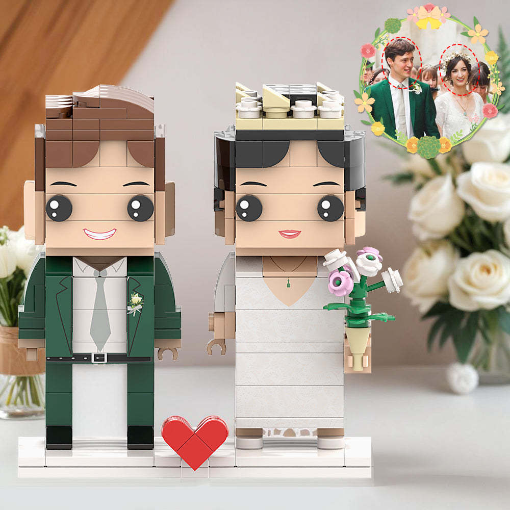 Unique Green Suit With Corsage And Wedding Dress Couple Brick Figures Personalized Head Brick Figures for Wedding Anniversary Souvenir For Husband and Wife - Get Photo Blanket