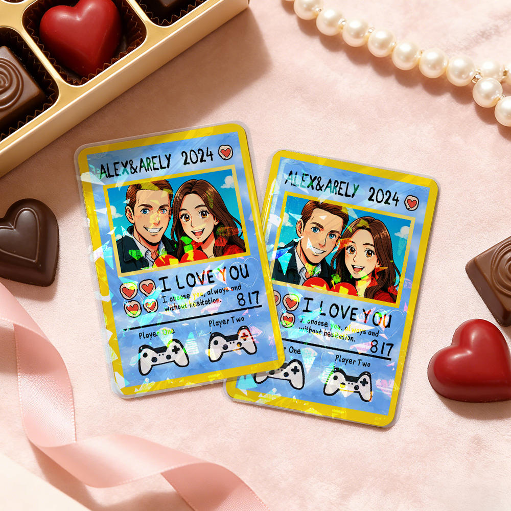 Personalized Valentine’s Day Power Couple Card, Custom Anniversary Card Couple Photo Anime Style, Best Valentine's Day Gift for Lover - Get Photo Blanket