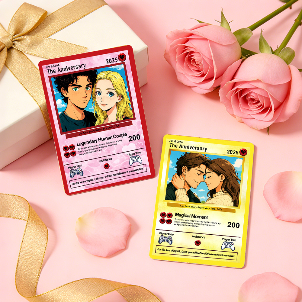 Personalized Valentine’s Day Power Couple Card, Custom Anniversary Card Couple Photo Anime Style, Best Valentine's Day Gift for Lover - Get Photo Blanket
