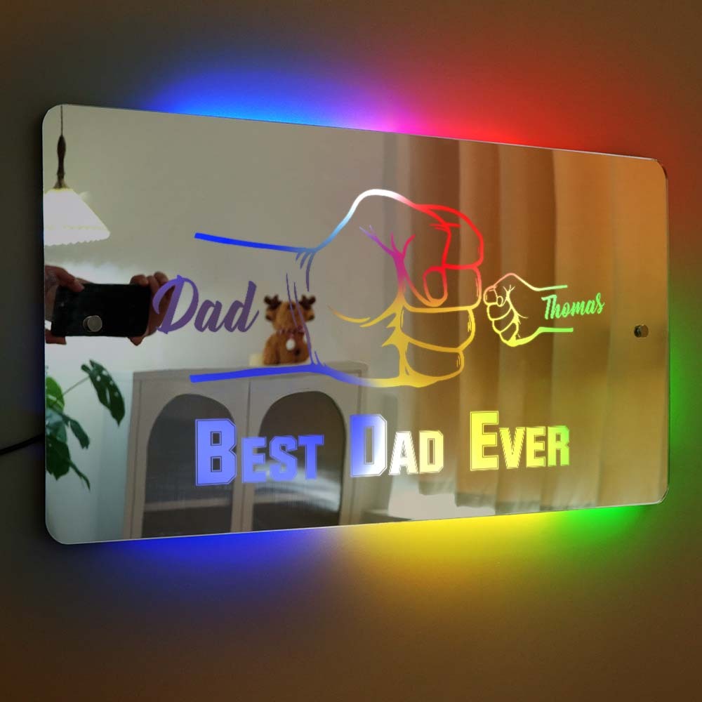 Personalized Dad Fist Mirror Light Custom Name Mirror Lamp Team Dad Fist Best Dad Ever Wall Decoration Father's Day Gift
