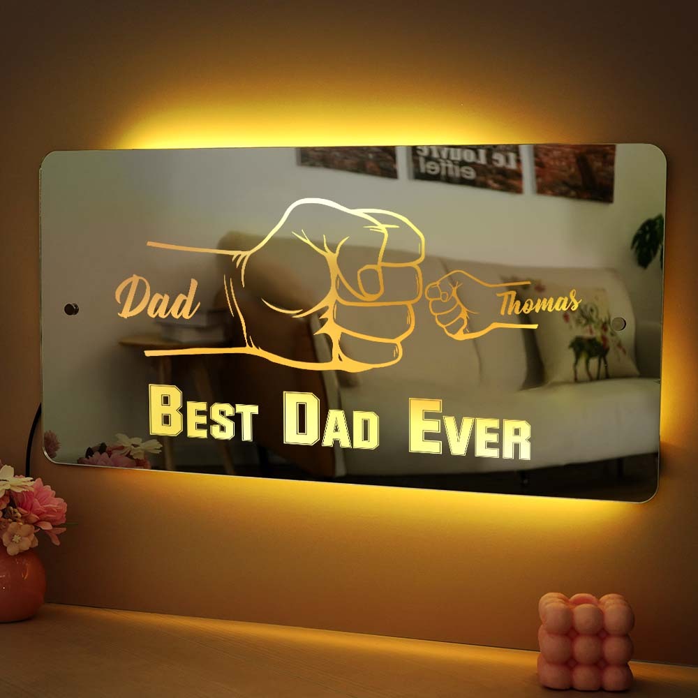 Personalized Dad Fist Mirror Light Custom Name Mirror Lamp Team Dad Fist Best Dad Ever Wall Decoration Father's Day Gift
