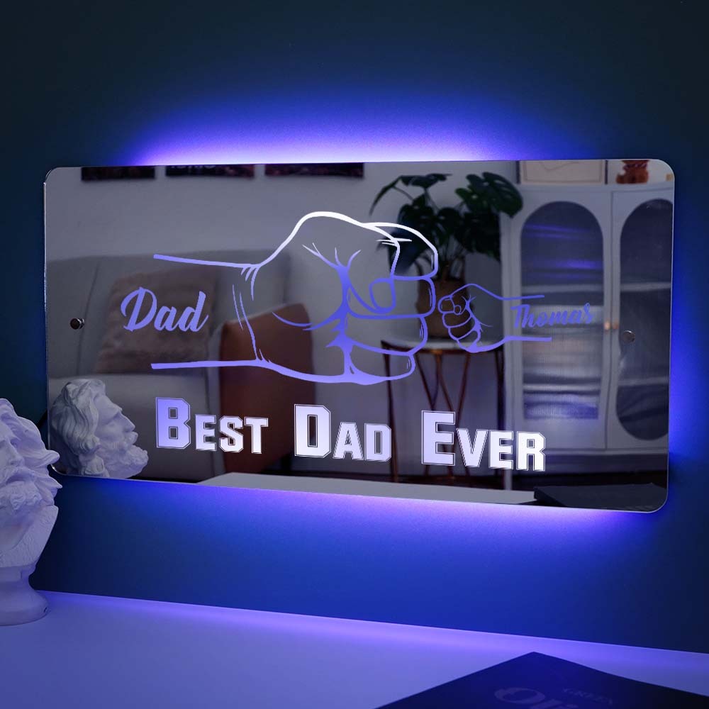 Personalized Dad Fist Mirror Light Custom Name Mirror Lamp Team Dad Fist Best Dad Ever Wall Decoration Father's Day Gift