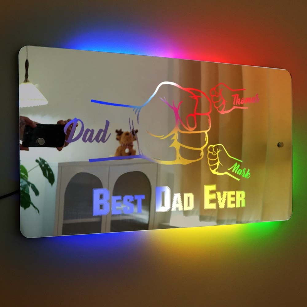 Personalized Dad Fist Mirror Light Custom Name Mirror Lamp Team Dad Fist Best Dad Ever Wall Decoration Father's Day Gift