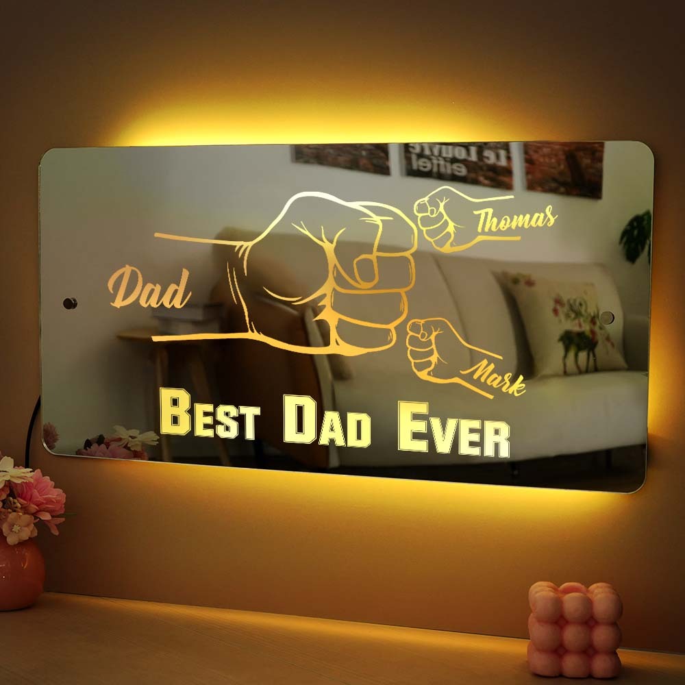 Personalized Dad Fist Mirror Light Custom Name Mirror Lamp Team Dad Fist Best Dad Ever Wall Decoration Father's Day Gift
