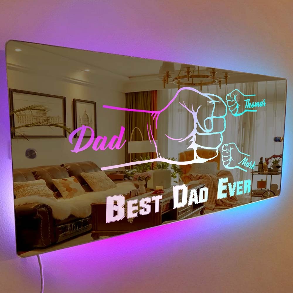 Personalized Dad Fist Mirror Light Custom Name Mirror Lamp Team Dad Fist Best Dad Ever Wall Decoration Father's Day Gift