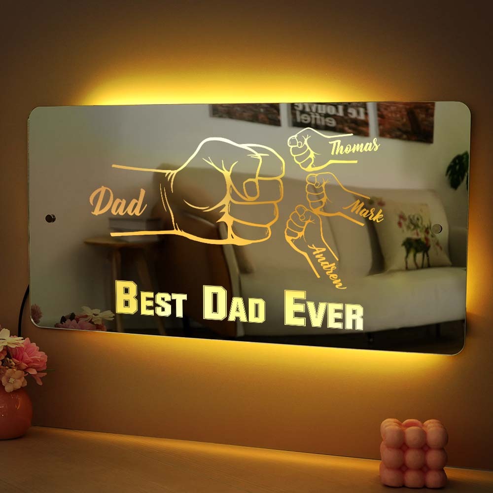Personalized Dad Fist Mirror Light Custom Name Mirror Lamp Team Dad Fist Best Dad Ever Wall Decoration Father's Day Gift