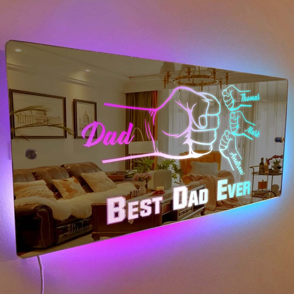 Personalized Dad Fist Mirror Light Custom Name Mirror Lamp Team Dad Fist Best Dad Ever Wall Decoration Father's Day Gift