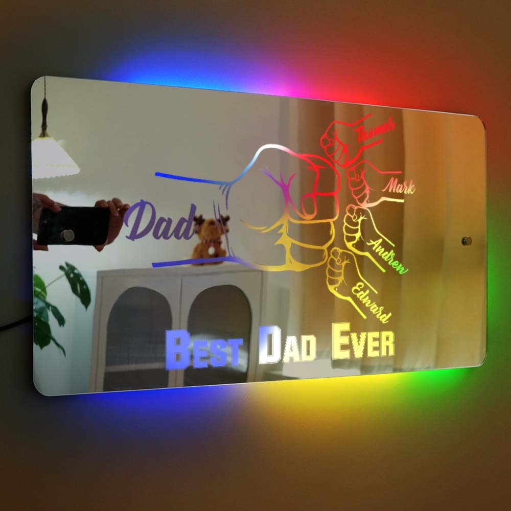 Personalized Dad Fist Mirror Light Custom Name Mirror Lamp Team Dad Fist Best Dad Ever Wall Decoration Father's Day Gift