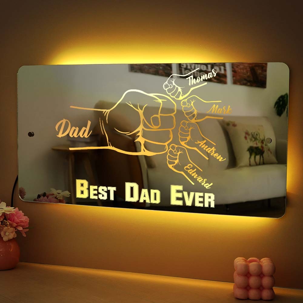 Personalized Dad Fist Mirror Light Custom Name Mirror Lamp Team Dad Fist Best Dad Ever Wall Decoration Father's Day Gift