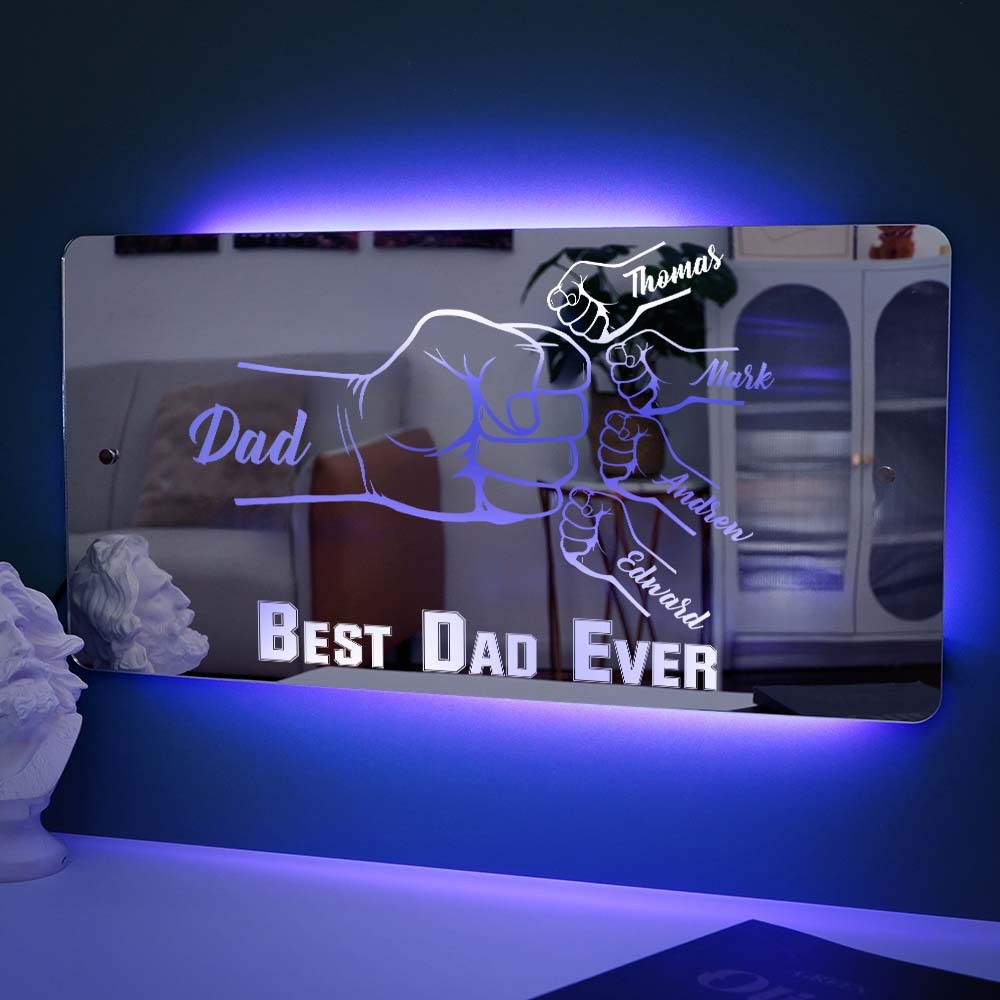 Personalized Dad Fist Mirror Light Custom Name Mirror Lamp Team Dad Fist Best Dad Ever Wall Decoration Father's Day Gift