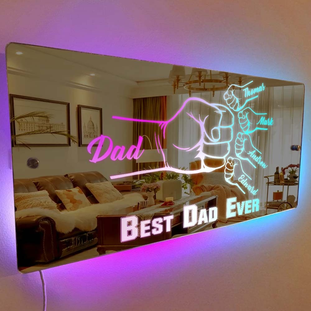 Personalized Dad Fist Mirror Light Custom Name Mirror Lamp Team Dad Fist Best Dad Ever Wall Decoration Father's Day Gift
