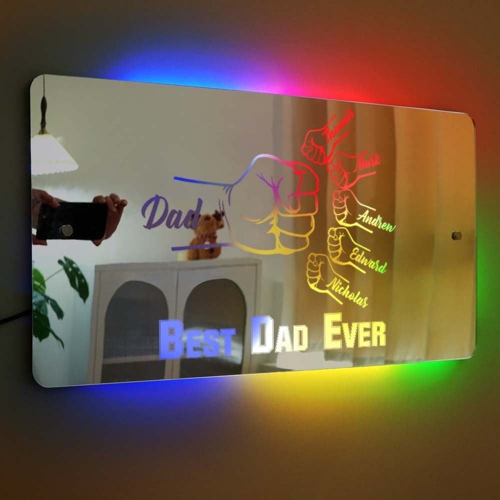 Personalized Dad Fist Mirror Light Custom Name Mirror Lamp Team Dad Fist Best Dad Ever Wall Decoration Father's Day Gift